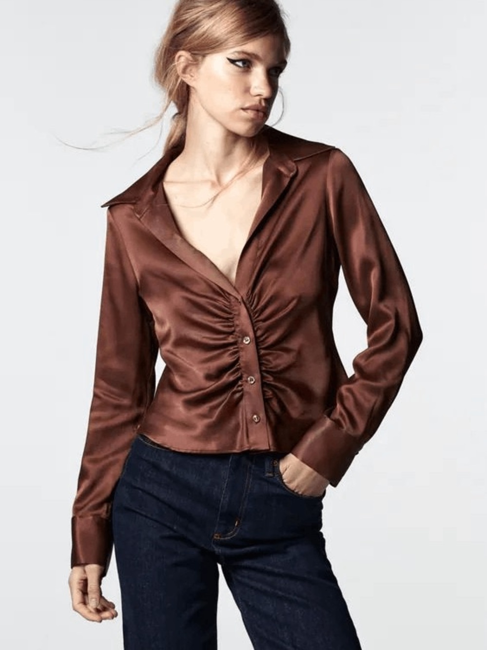 Satin Ruched Button-Front Long Sleeve Top - Brown